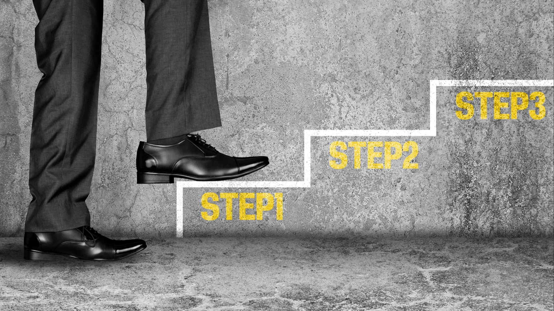 Image Showing A Human Steping on the Staircase with words Step1 Step2 Step3 on each steps