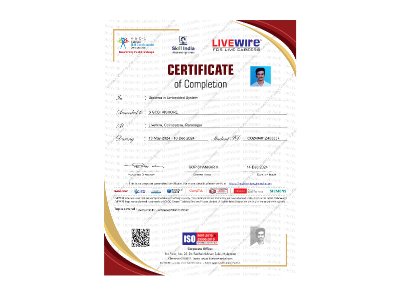 Embedded Systems Course Certificate in Chennai